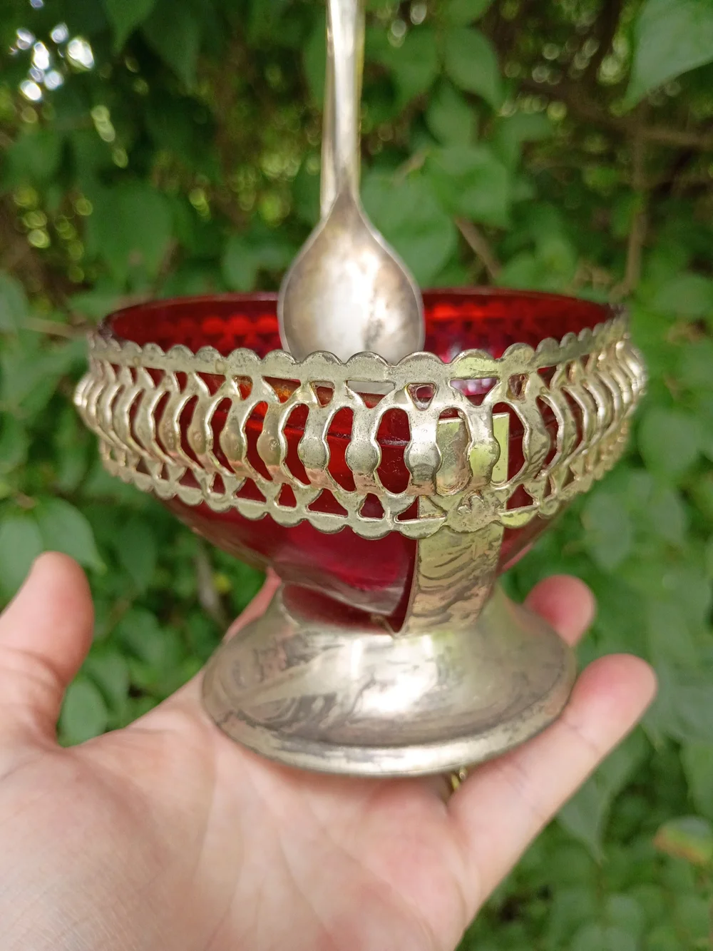 VTG Heart Shaped Silver Plate Jam/Sugar Dish Red Glass w Spoon Sheffield England